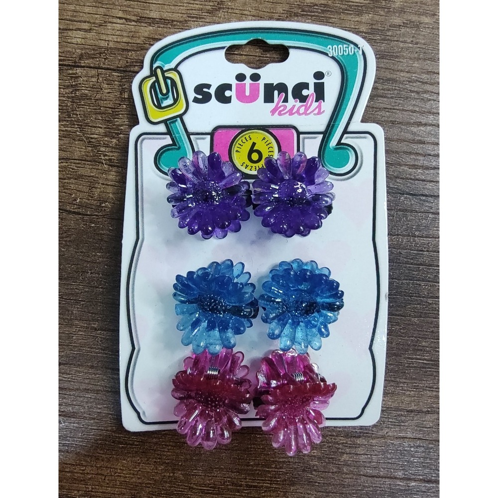 Scunci Kids Flower Hair Clips 6pc 1999 Pink Purple Blue  Plastic Y2K Accessories